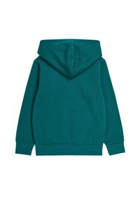 Felpa teal con tasca a marsupio, polsini a coste e un ampio cappuccio. Texture morbida e vestibilità casual, adatta per un indossare confortevole.