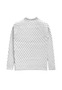 Lichtgrijze trui met een gestructureerd honingraatpatroon, geribde manchetten en zoom, en een ronde halslijn. Heeft raglanmouwen voor een verbeterde pasvorm.
