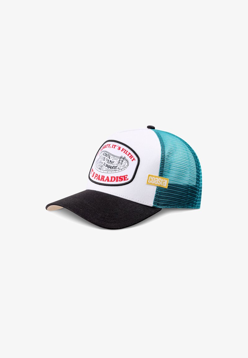 Casquette trucker en maille blanche et bleu sarcelle avec une visière noire, patch avant portant l'inscription « C’EST SALE, C’EST IMMONDE, C’EST LE PARADIS » et étiquette jaune « coastal ».
