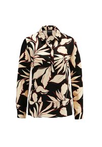 Long-sleeve blouse in black with a floral pattern. Made of smooth fabric, featuring cream leaves outlined in red and a classic collar.
