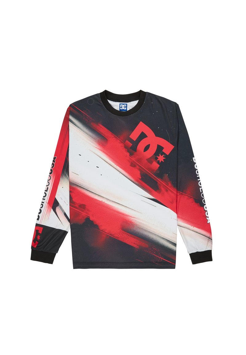 Long-sleeve shirt in black with red and white graphic design. Features DC logo, crew neck, and elastic cuffs. Made from synthetic material.