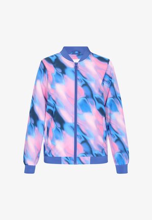 Bomber-jakk multivärvilises roosas, sinises ja mustas keerises. Omab lukuga esiosa ning soonikkrae ja -ümbrust. Sujuv kangatekstuuri.