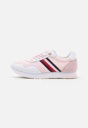 Pink and white running shoe with red and navy side stripes, white sole, and pink laces on a plain light background.