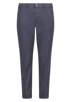 Pantalon slim gris foncé avec poches avant, passants de ceinture, fermeture par bouton et bas retroussés, présenté sur fond blanc.