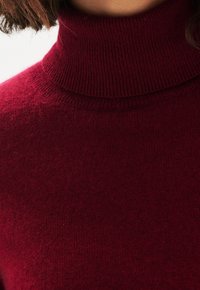 Close-up van een persoon met een zachte, donkerrode coltrui en kort bruin haar, zichtbaar tegen een lichte achtergrond.