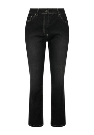 Black denim jeans with slight flare, front button and zipper closure, five-pocket style, and contrasting white stitching.