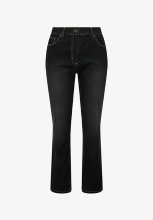 Black denim jeans with slight flare, front button and zipper closure, five-pocket style, and contrasting white stitching.