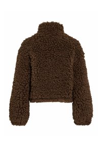 Smeđi flis jakna s visokim ovratnikom, teksturiranom površinom i dugim rukavima. Skraćena dužina s mekanim, pahuljastim izgledom.