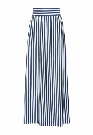 Lange rok met verticale marineblauwe en witte strepen, aansluitende tailleband en een vloeiende A-lijn silhouet.