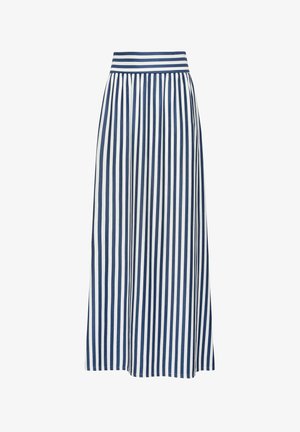 Lange rok met verticale marineblauwe en witte strepen, aansluitende tailleband en een vloeiende A-lijn silhouet.