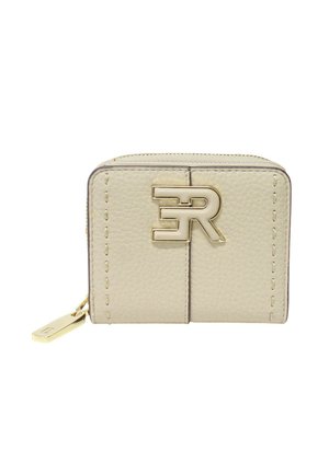 Portafoglio in pelle beige con ferramenta color oro, caratterizzato da logo goffrato, chiusura a zip e cuciture decorative sul davanti.