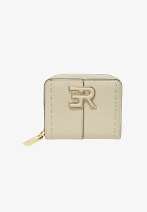 Portafoglio in pelle beige con ferramenta color oro, caratterizzato da logo goffrato, chiusura a zip e cuciture decorative sul davanti.