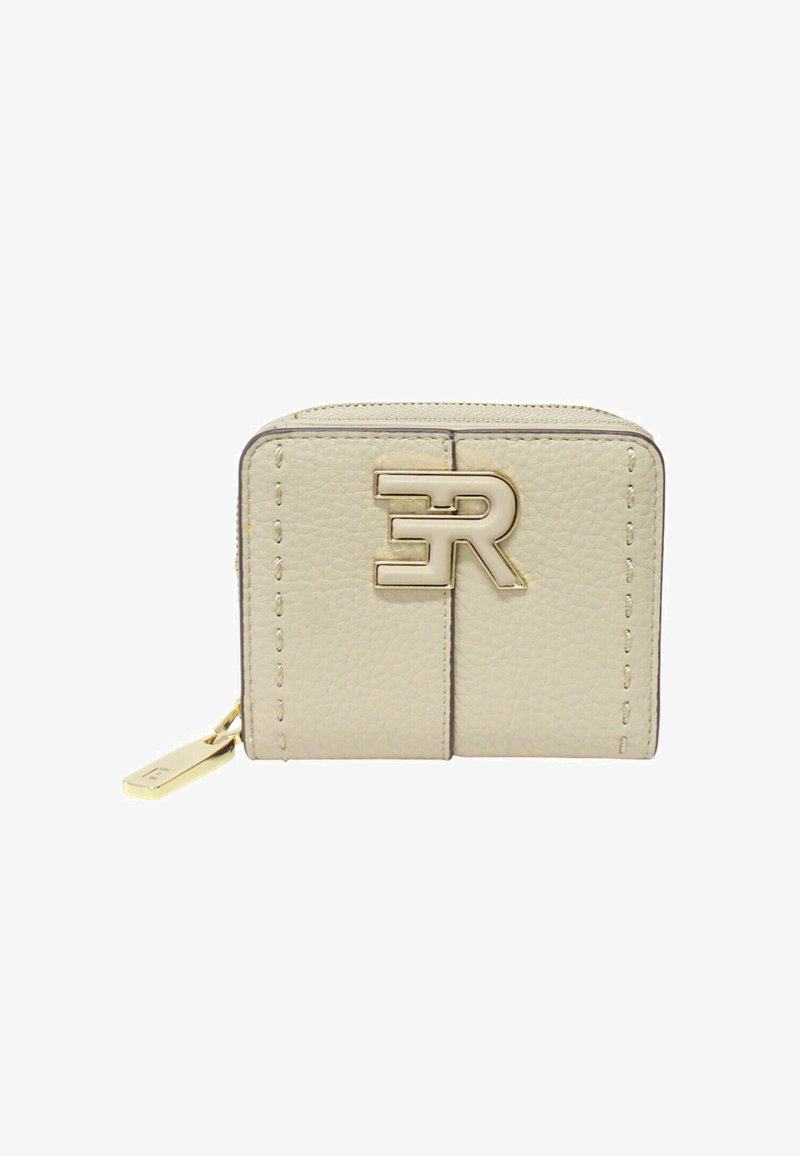 Portafoglio in pelle beige con ferramenta color oro, caratterizzato da logo goffrato, chiusura a zip e cuciture decorative sul davanti.