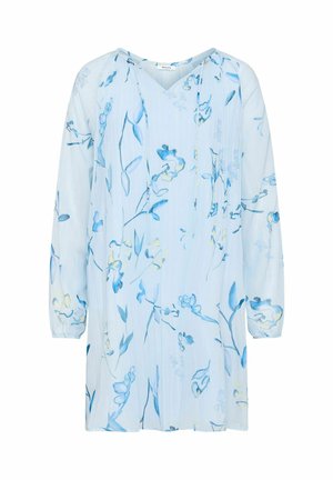 Abito a maniche lunghe azzurro chiaro con stampa floreale blu e gialla, scollo a V e pannelli frontali plissettati.