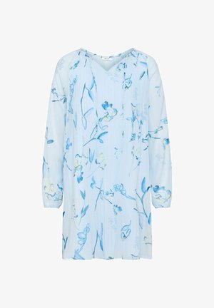Abito a maniche lunghe azzurro chiaro con stampa floreale blu e gialla, scollo a V e pannelli frontali plissettati.
