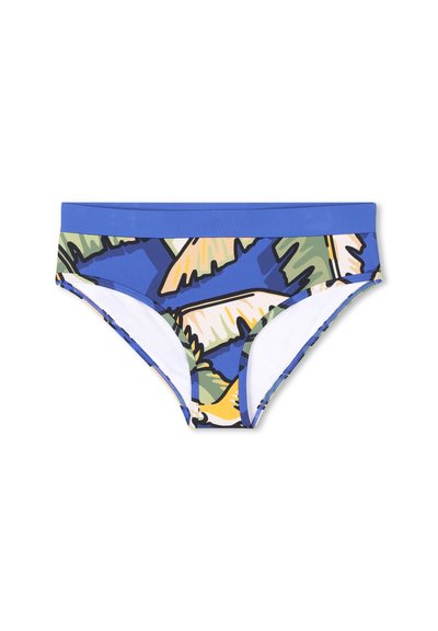 Maillots de bain en slip avec un motif de feuilles tropicales bleues et multicolores, dotés d'une taille bleu uni et d'une doublure intérieure blanche.