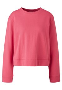 Růžová krátká mikina s dlouhým rukávem, kulatým výstřihem a viditelnými švy na rukávech a lemu.