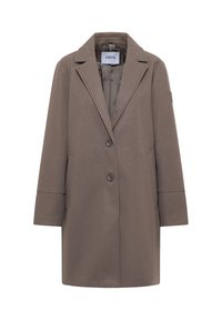 Manteau en mélange de laine marron avec un revers cranté, deux boutons, poches latérales et une silhouette légèrement surdimensionnée. Étiquette de la marque visible à l'intérieur.