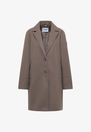 Brauner Wollmischungs-Mantel mit Reverskragen, zwei Knöpfen, seitlichen Taschen und einer leicht übergroßen Silhouette. Markenetikett innen sichtbar.