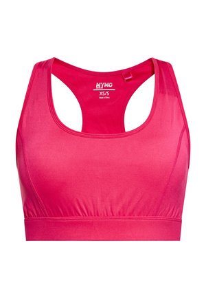 Roze sportbeha met een racerback-design, gemaakt van een gladde, rekbare stof. Beschikt over een elastische band aan de onderkant en minimale stikdetails.
