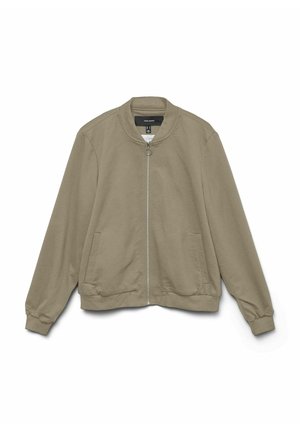 Veste bomber kaki en tissu doux, dotée d'un col rond, d'un zip à l'avant, de poches latérales et de poignets élastiques. Design simple et épuré.