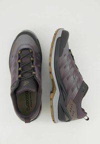 Lowa Wanderschuhe in Dunkelgrau mit strukturiertem Obermaterial, kontrastierender hellgrauer Sohle und verstärkter Zehenkappe. Verfügt über ein Schnürdesign.