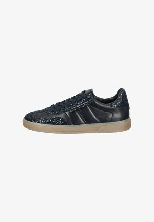 Black sneakers with glitter accents, smooth leather sections, and a gum rubber sole, featuring a lace-up design and textured upper.