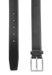 Melnas ādas josta ar gludu apdari, aprīkota ar sudraba sprādzi ar stiegru un vienmērīgi izvietotām caurumiem izmēra regulēšanai.