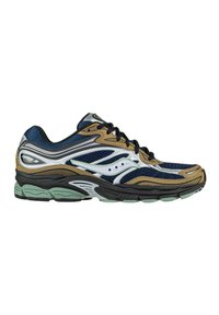 Scarpe da corsa con tomaia in mesh di colore blu navy e marrone, dettagli argento, lacci neri e suola testurizzata con particolari verde menta.