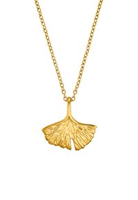 Goldkette mit einem blattförmigen Anhänger, der über komplexe Details und Texturen verfügt, aufgehängt an einer feinen Kette.