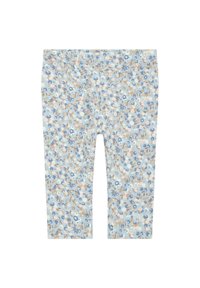 Bloemenpatroon leggings in lichtblauw, met kleine witte en tan bloemen. Gemaakt van zachte stof met een elastische tailleband.