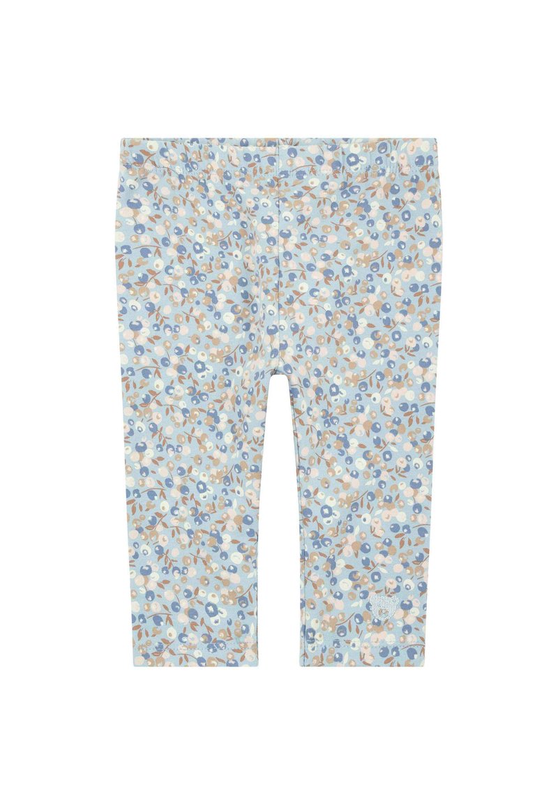 Bloemenpatroon leggings in lichtblauw, met kleine witte en tan bloemen. Gemaakt van zachte stof met een elastische tailleband.