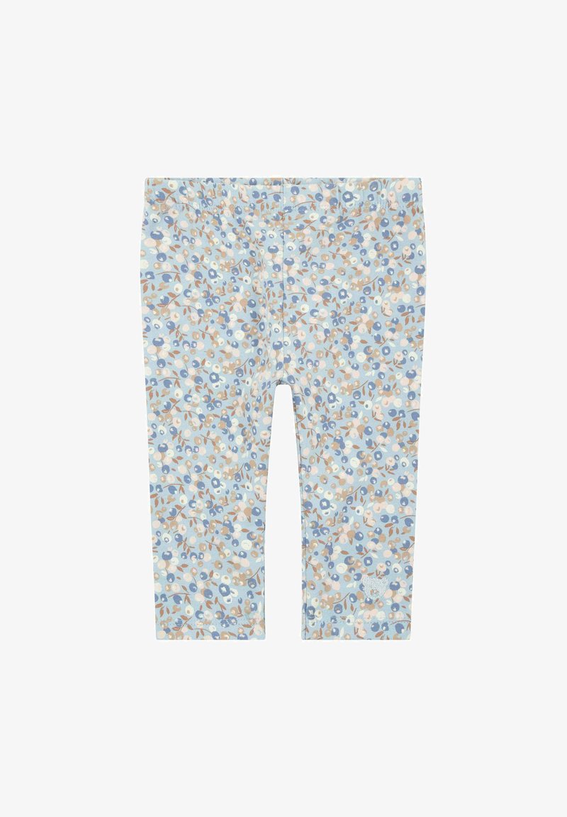 Bloemenpatroon leggings in lichtblauw, met kleine witte en tan bloemen. Gemaakt van zachte stof met een elastische tailleband.