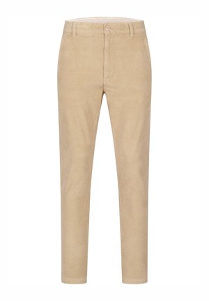 Pantalones de pana beige con un diseño de pierna recta, que cuentan con un cierre de botón y bolsillos frontales. Textura suave con detalles acolchados.