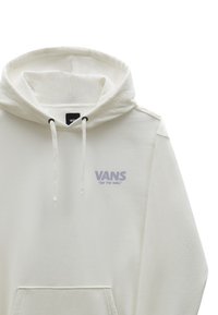 Sweat à capuche blanc avec cordon de serrage, poche avant et logo "VANS" en violet sur la poitrine. Tissu doux avec une texture lisse.