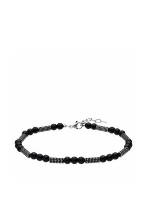 Bracelet noir à perles avec des accents de spirales argentées et un fermoir mousqueton en argent, disposé en cercle sur un fond blanc.