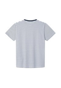 Striped t-shirt in white and navy, featuring short sleeves, a crew neck, and evenly spaced horizontal stripes across the fabric.