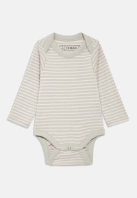 Body niemowlęcy z długim rękawem w jasnoszarym kolorze z białymi poziomymi paskami, wykonany z miękkiej bawełny, z zapięciami zatrzaskowymi na dole.