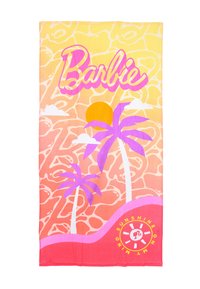 Asciugamano da spiaggia in tessuto con gradiente giallo e rosa, caratterizzato da palme, un sole e la scritta "Barbie" in bold rosa. Design morbido e colorato.