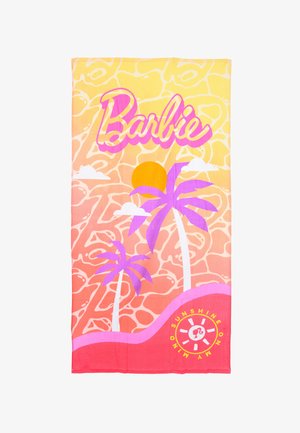 Textile beach towel in gradient yellow and pink, featuring palm trees, a sun, and "Barbie" in bold pink letters. Soft, colorful design.