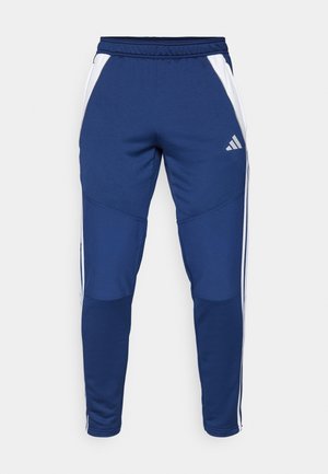 Pantaloni sportivi bleu marin cu dungi albe pe lateral, confecționați dintr-un material moale, având o croială tapered și un brâu elastic pentru confort.