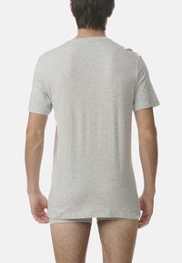 Gray short-sleeve T-shirt made of cotton blend, featuring a crew neck and a straight cut, with a soft texture and minimal design.