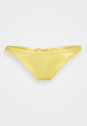 Shiny yellow bikini bottom with a low-rise design, featuring gathered accents along the edges and a tied detail at the front.