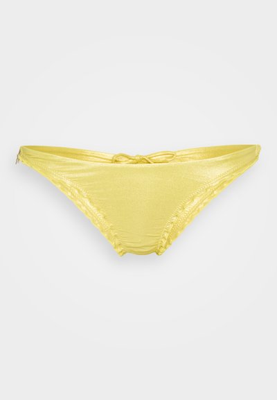Shiny yellow bikini bottom with a low-rise design, featuring gathered accents along the edges and a tied detail at the front.