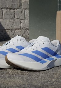Coppia di scarpe da corsa bianche con strisce blu e suole marrone chiaro posizionate su una superficie esterna texturizzata vicino a un muro di pietra.