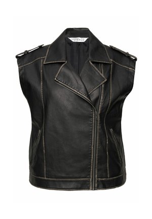 Schwarze Lederweste mit einem klassischen Motorraddesign, featuring einen eingekerbten Kragen, einen Reißverschluss und Schulterklappen. Betonte Nähte.
