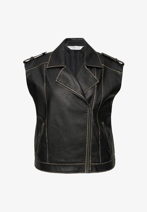 Schwarze Lederweste mit einem klassischen Motorraddesign, featuring einen eingekerbten Kragen, einen Reißverschluss und Schulterklappen. Betonte Nähte.