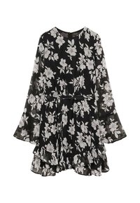 Black floral dress with long, sheer sleeves, a ruffled hem, and a belted waist. Features white floral patterns on a translucent fabric.