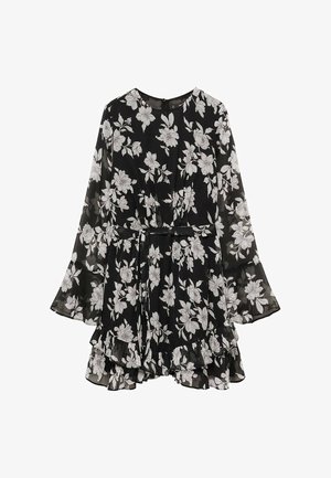 Black floral dress with long, sheer sleeves, a ruffled hem, and a belted waist. Features white floral patterns on a translucent fabric.