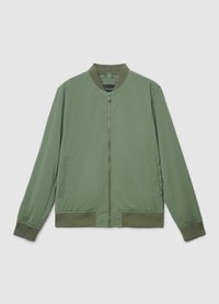 Green bomber jacket with a zip front, ribbed collar and cuffs, and side pockets. Smooth texture with no visible patterns or accents.